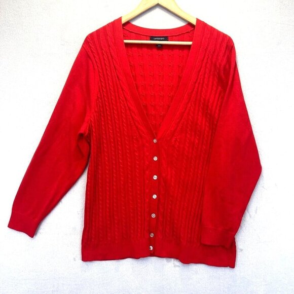 Lands' End Cable Knit Cardigan Sweater Women's 2X 20W-22W Red Holiday Christmas - Picture 1 of 12